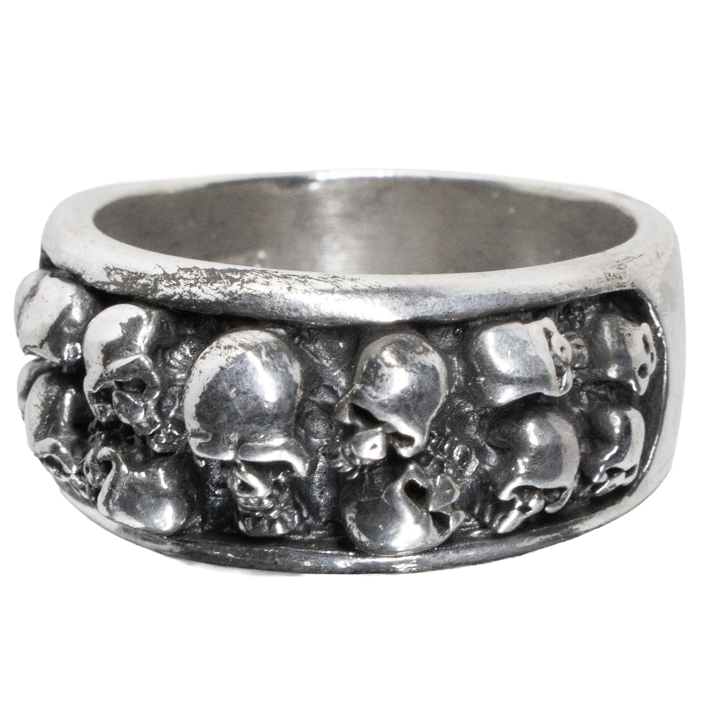 Cluster of 13 skulls on a 925 sterling silver ring band.  Out of the 13 there is 1 large skull in the centre with 3 rows of 2 skulls on either side
