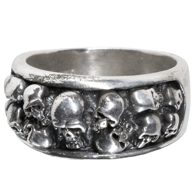 Cluster of 13 skulls on a 925 sterling silver ring band.  Out of the 13 there is 1 large skull in the centre with 3 rows of 2 skulls on either side
