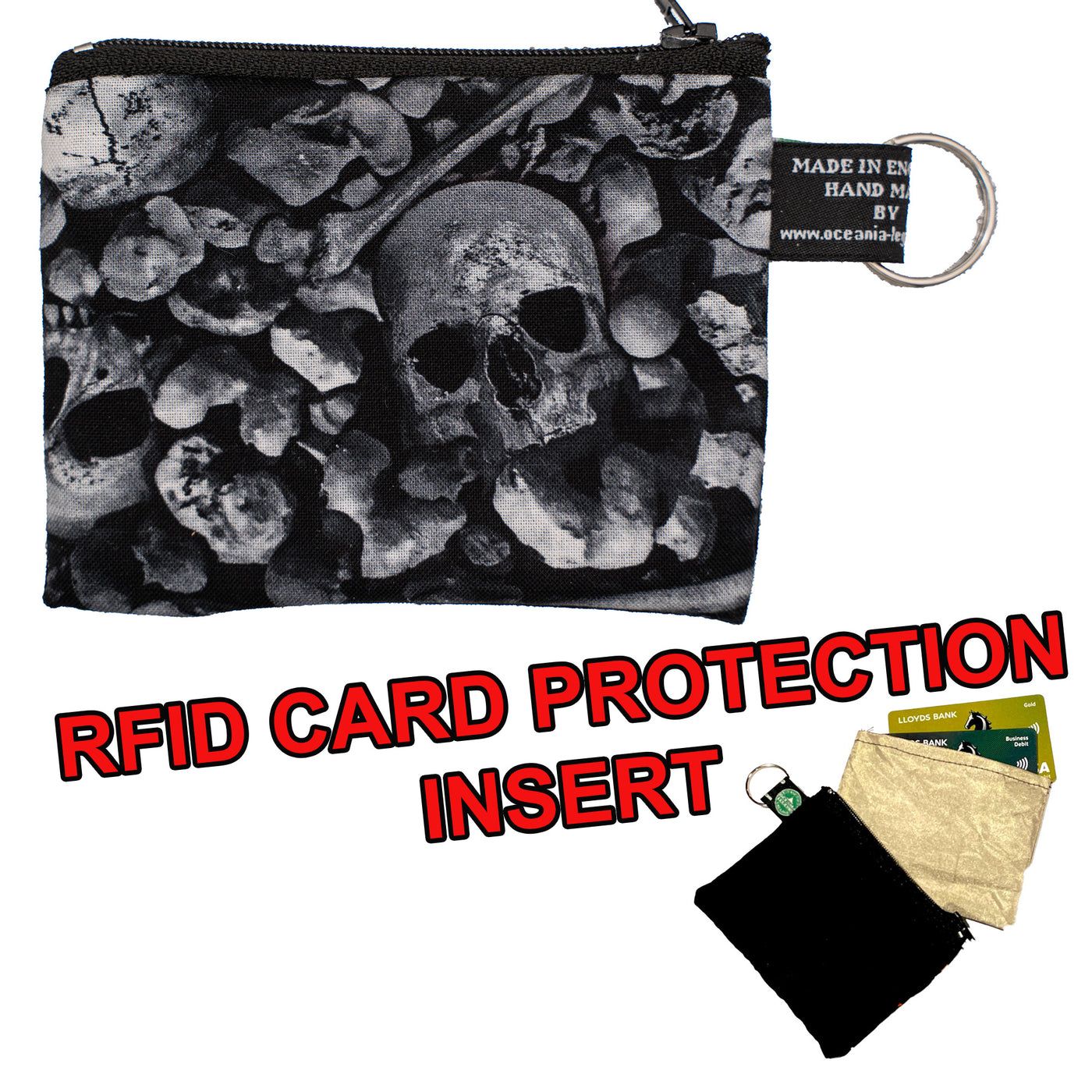 Coin & Card Purse with clusters of skulls & bones, design on one side and black cotton on the reverse.  With an RFID Insert to block scanners