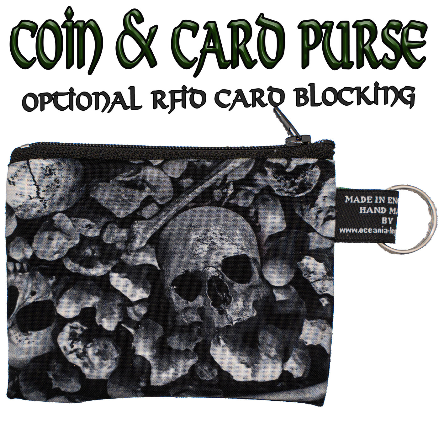 Coin & Card Purse with clusters of skulls & bones, design on one side and black cotton on the reverse.  With an optional RFID Insert to block scanners