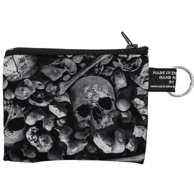 Coin & Card Purse with clusters of skulls & bones, design on one side and black cotton on the reverse.  With an optional RFID Insert to block scanners