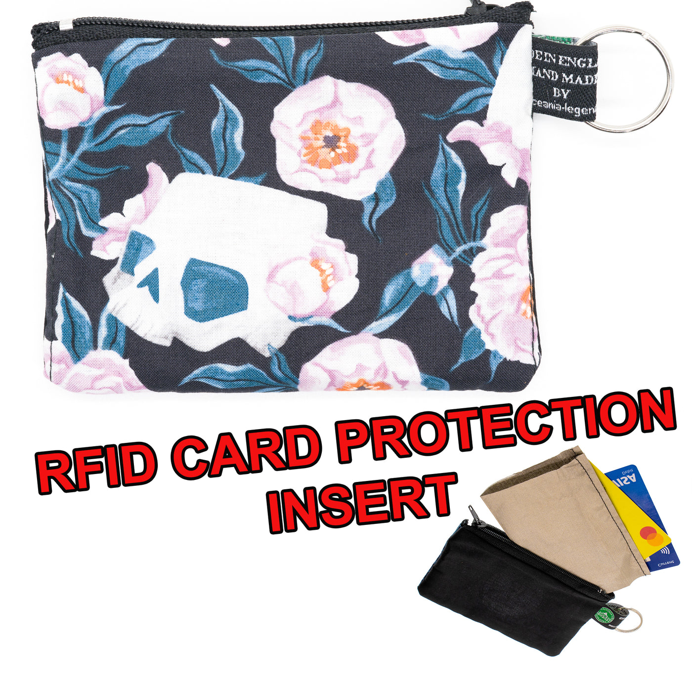skulls & peony flowers in our zipped cotton purse with RFID Protection