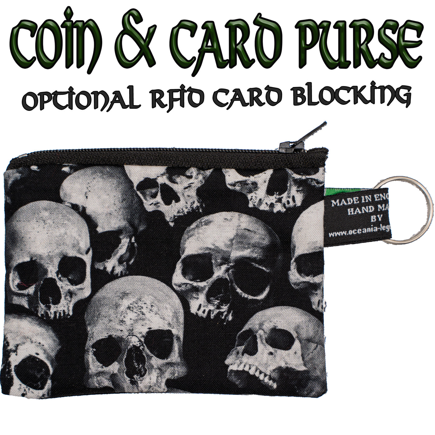 Coin & Card Purse with clusters of skulls, very realistic & eerie. Design on one side and black cotton on the reverse.  With an optional RFID Insert to block scanners