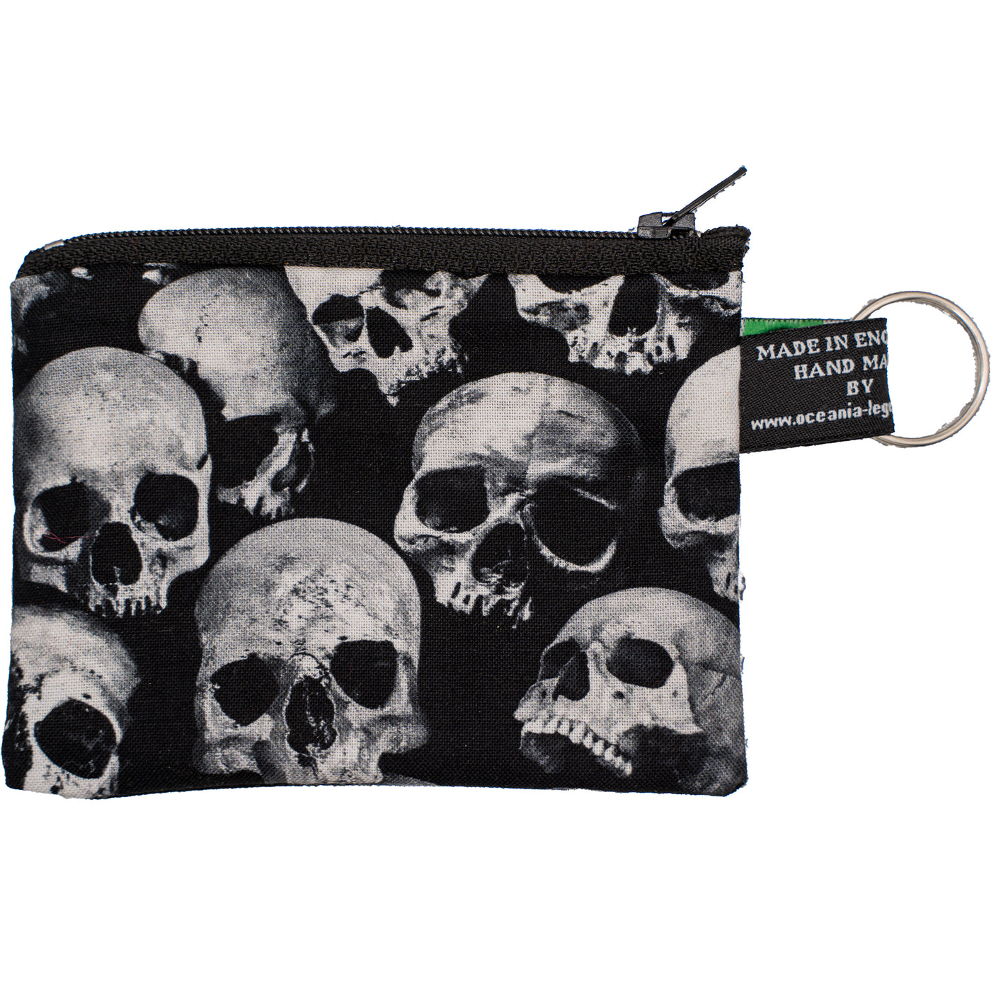 Coin & Card Purse with clusters of skulls, very realistic & eerie. Design on one side and black cotton on the reverse.  With an optional RFID Insert to block scanners