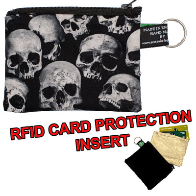 Coin & Card Purse with clusters of skulls, very realistic & eerie. Design on one side and black cotton on the reverse.  With an optional RFID Insert to block scanners