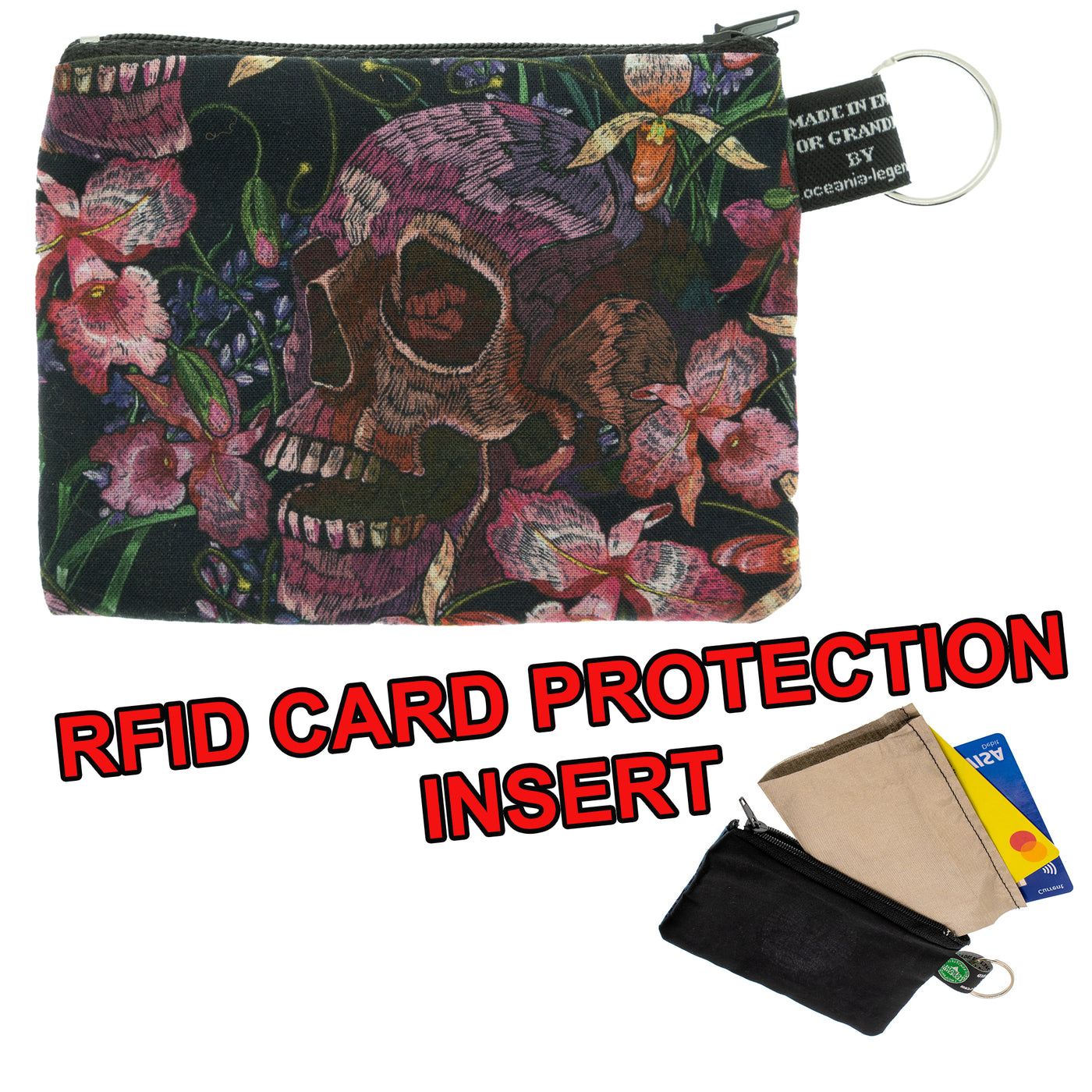 skull and orchid cotton purse with rfid protection