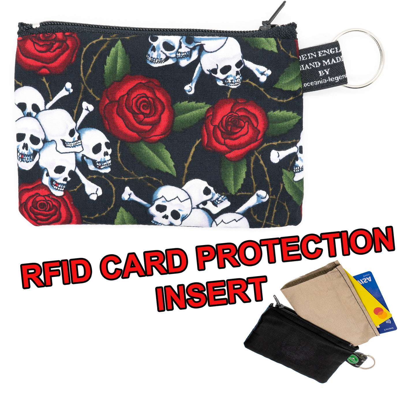 Black cotton purse with a skull & crossbones & rose design, zipped purse with RFID Protection