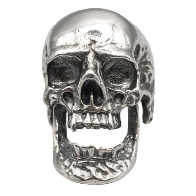 Vampire Skull Ring with an open jaw bearing his teeth, the sides and jaw are slightly hammered.  Made from 925 sterling silver, very chunky heavy ring