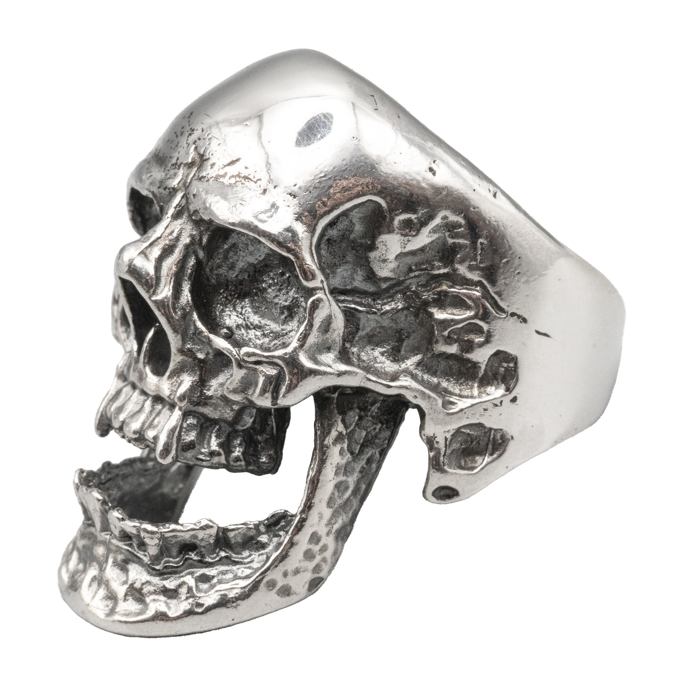 Vampire Skull Ring with an open jaw bearing his teeth, the sides and jaw are slightly hammered.  Made from 925 sterling silver, very chunky heavy ring