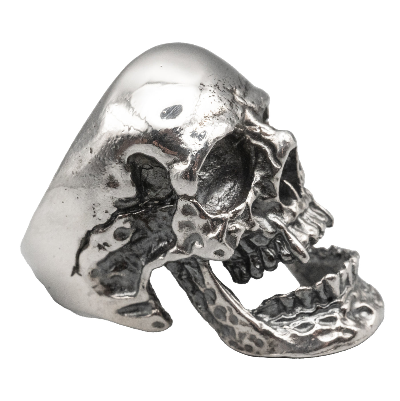 Vampire Skull Ring with an open jaw bearing his teeth, the sides and jaw are slightly hammered.  Made from 925 sterling silver, very chunky heavy ring