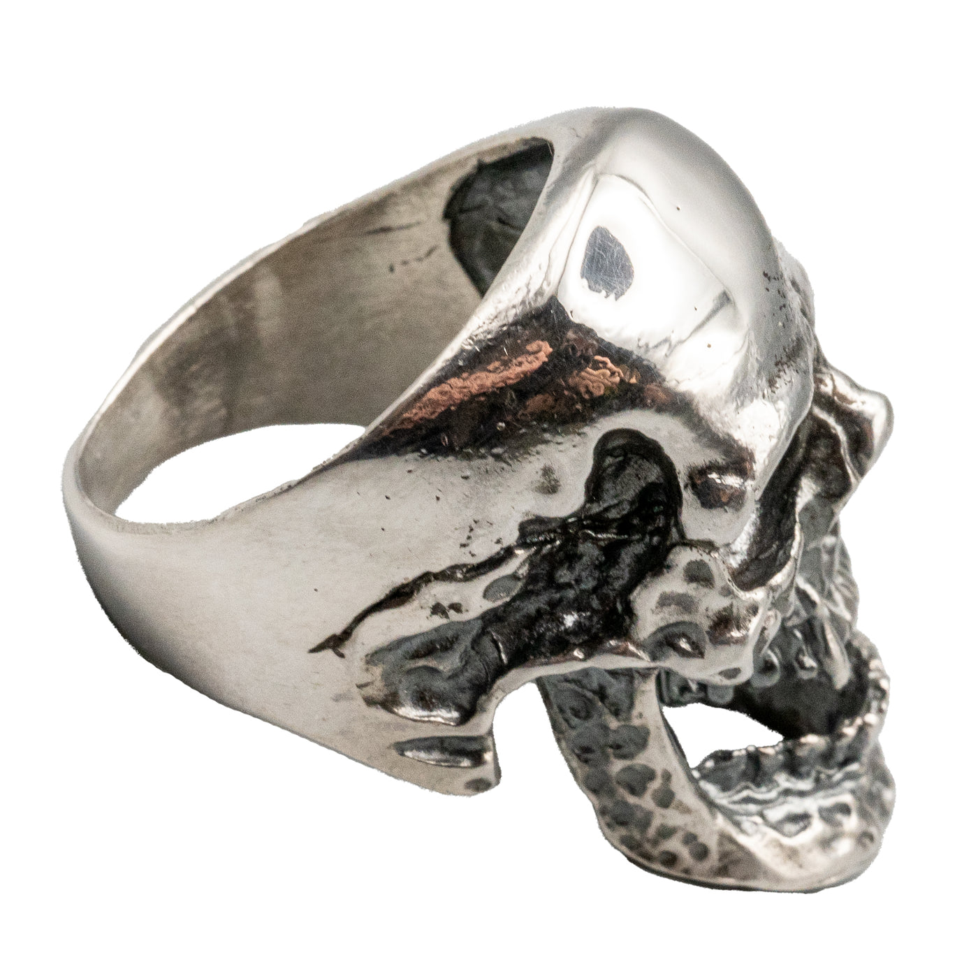 Vampire Skull Ring with an open jaw bearing his teeth, the sides and jaw are slightly hammered.  Made from 925 sterling silver, very chunky heavy ring