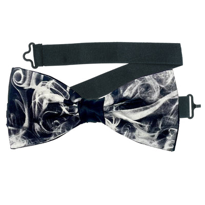 Pre-Tied bow tie on a sliding ribbon to easily place and attach. Handmade form 100% cotton this design has a smoke effect in white/grey on black