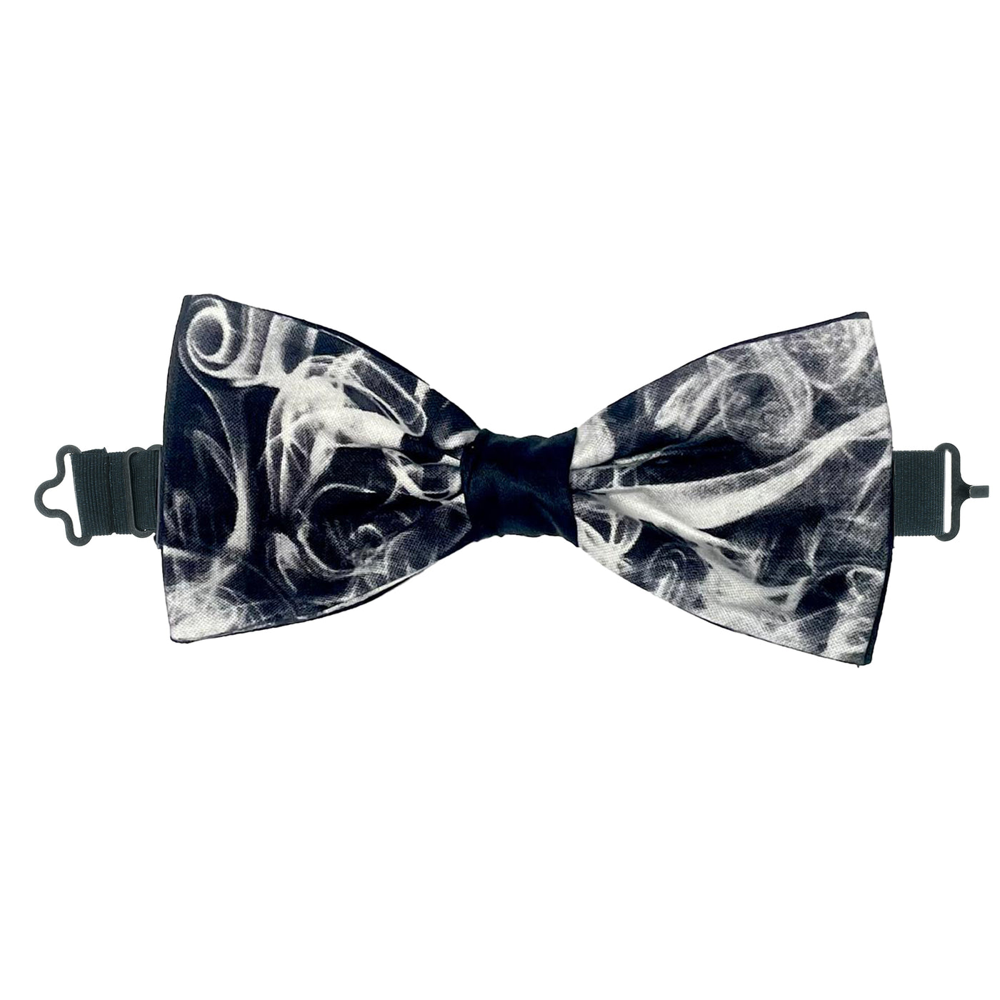 Pre-Tied bow tie on a sliding ribbon to easily place and attach. Handmade form 100% cotton this design has a smoke effect in white/grey on black