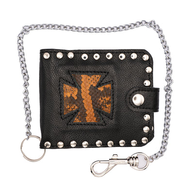Black Leather Wallet approx. 5" x 4" with press stud detailing around the edge.  An Iron Cross in the centre of the wallet made from vintage african python.  There is1 large compartment and 4 smaller sections, a key chain to attach to your belt loop