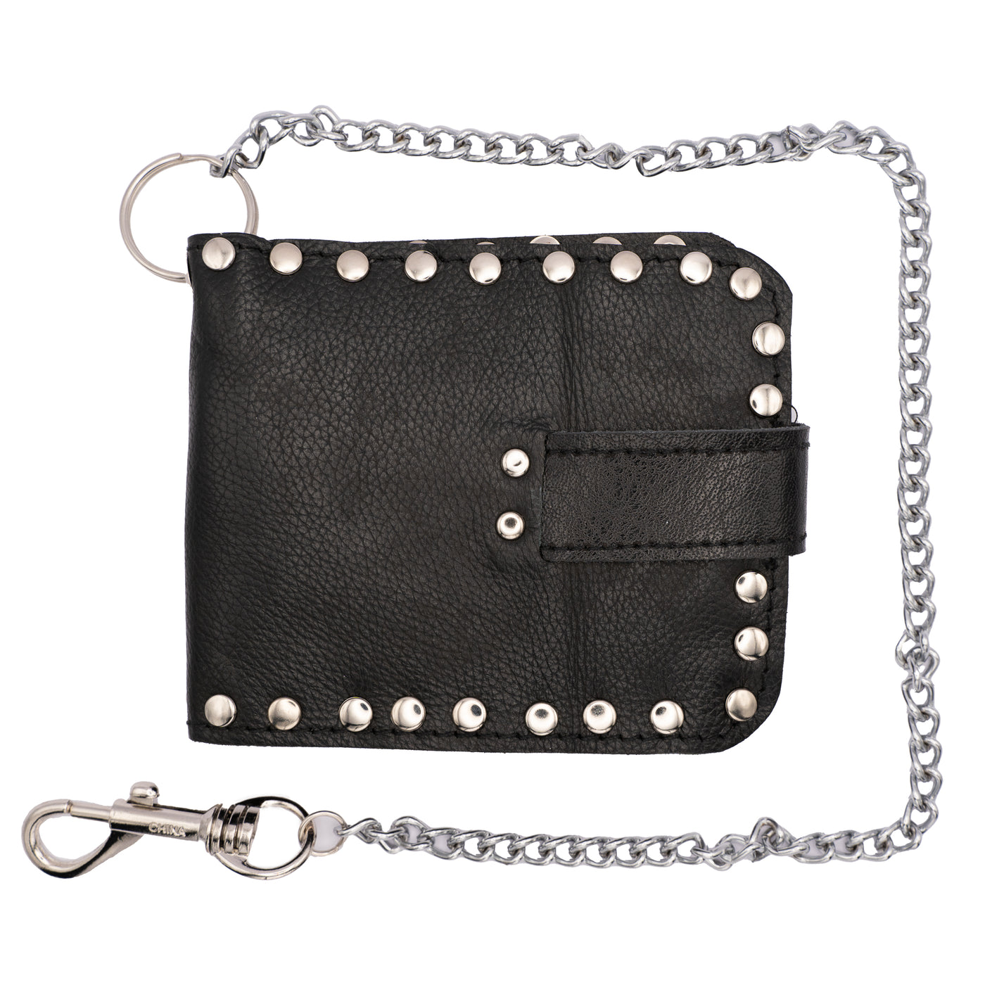 Black Leather Wallet approx. 5" x 4" with press stud detailing around the edge.  An Iron Cross in the centre of the wallet made from vintage african python.  There is1 large compartment and 4 smaller sections, a key chain to attach to your belt loop