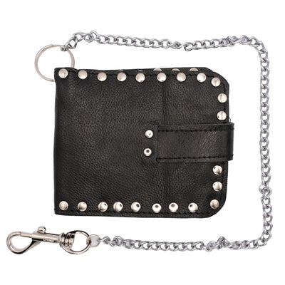 Black Leather Wallet approx. 5" x 4" with press stud detailing around the edge.  An Iron Cross in the centre of the wallet made from vintage african python.  There is1 large compartment and 4 smaller sections, a key chain to attach to your belt loop