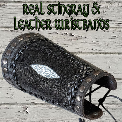 Leather wrist/arm protector handmade from upcycled and new leather.  There is a large section of genuine stingray in the centre on the arm protector.  The edge of this panel is plaited with leather by hand. The wristband is riveted also by hand.  The protector is secured with a bootlace cord which is supplied.

