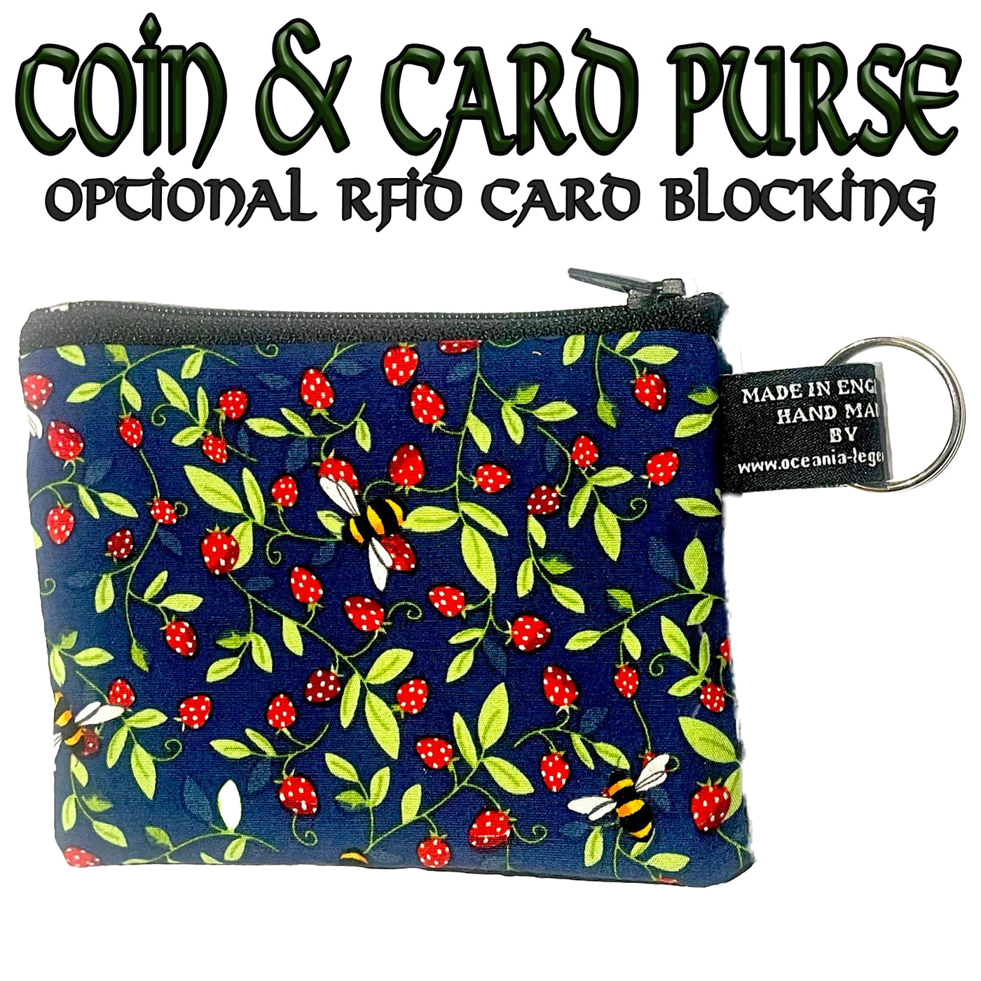 Strawbeery & Bee Coin & Card Purse with optional RFID Protection