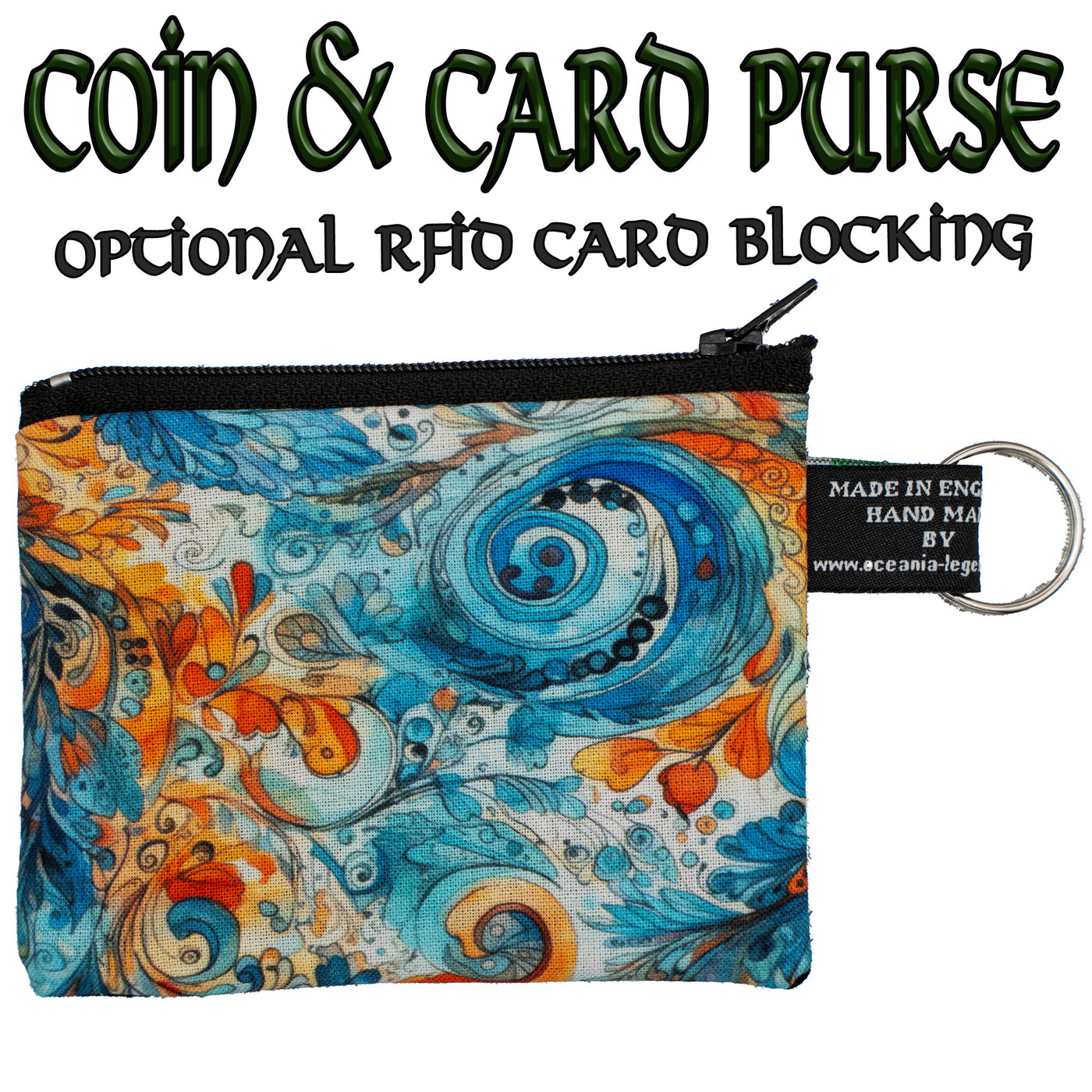 Coin & Card Purse Beautiful boho style swirl pattern in blues & oranges on one side and black cotton on the reverse.  With an optional RFID Insert to block scanners