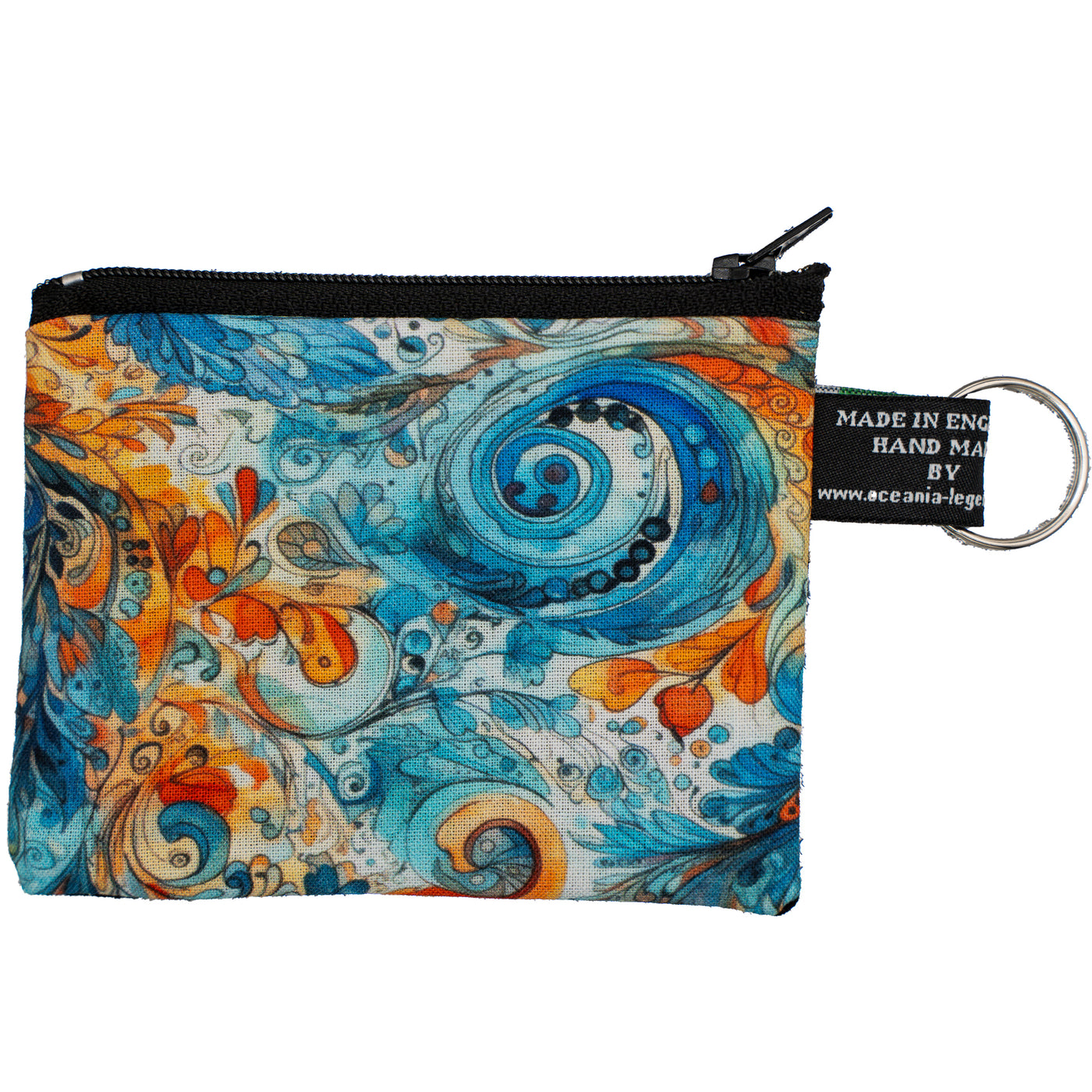 Coin & Card Purse Beautiful boho style swirl pattern in blues & oranges on one side and black cotton on the reverse.  With an optional RFID Insert to block scanners