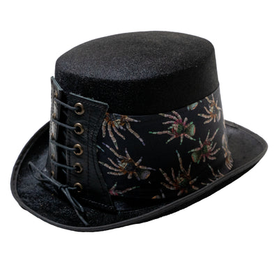 Felt style Top Hat  with a handmade corset style band the design is a realistic large tarantula on cotton fabric.  It is attached to the hat with a corset style leather band, tied with a bootlace cord criss crossed