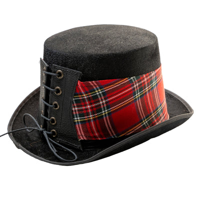 Felt style Top Hat  with a handmade corset style band the design is in red tartan cotton fabric.  It is attached to the hat with a corset style leather band, tied with a bootlace cord criss crossed