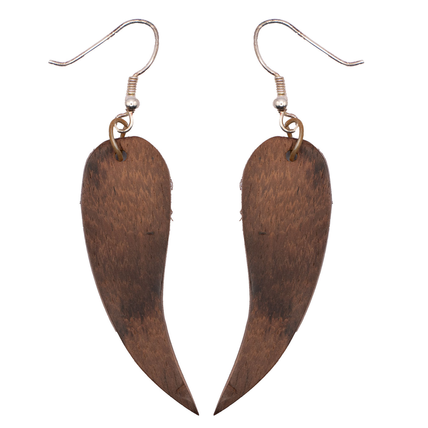 Teak wood feather shaped earrings with a 925 sterling silver hook to secure.  Approximately 6.5cm long