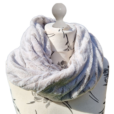 Fleece Snood handmade from an ultra soft and warm fleece. The fabric is a snow tiger design with a subtle shade of grey. No need to wrap around your neck as the snood pops straight over your head immediately toasty warm
