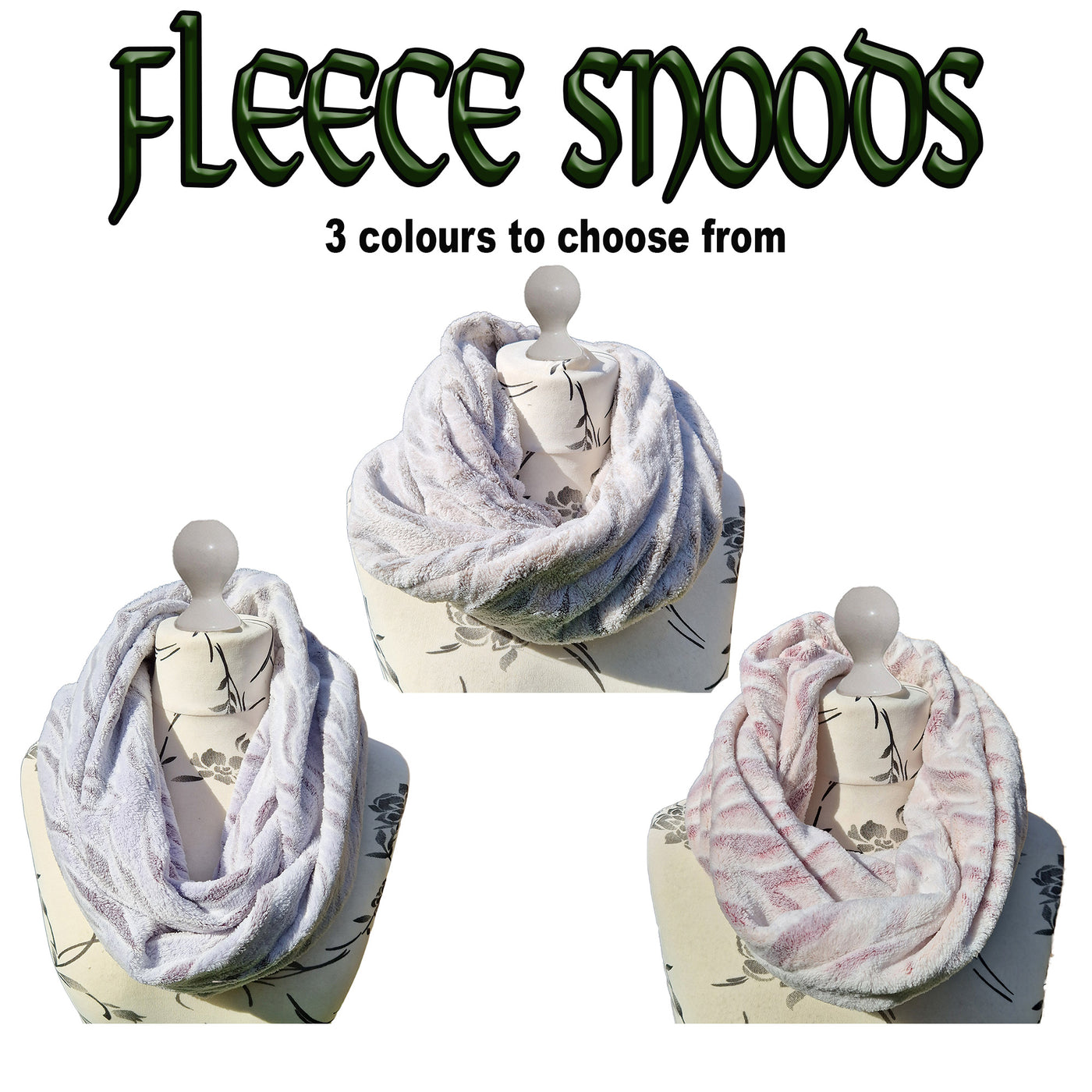 Fleece Snood handmade from an ultra soft and warm fleece. The fabric is a snow tiger design with a subtle shade of grey, pink or lilac. No need to wrap around your neck as the snood pops straight over your head immediately toasty warm
