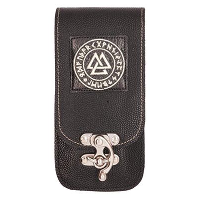 Black Leather mobile phone pouch which has a belt loop to slot onto your belt.  With a valknut design in a circle of runes embroidered in white. A white polished metal swing hook to open 10"cm x 18cm x 4cm, perfect for having your phone, wallet and valuables close to hand
