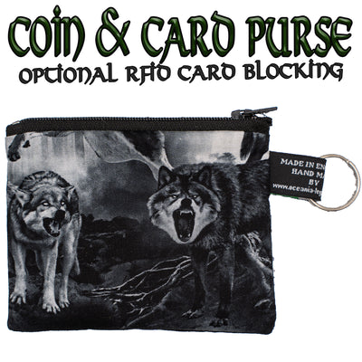 Coin & Card Purse with snarling & barking wolves in a moonlit forest, design on one side and black cotton on the reverse.  With an optional RFID Insert to block scanners