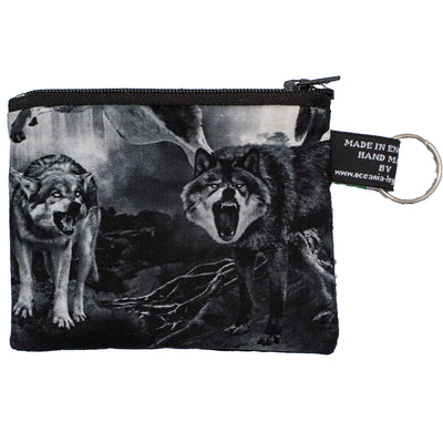 Coin & Card Purse with snarling & barking wolves in a moonlit forest, design on one side and black cotton on the reverse.  With an optional RFID Insert to block scanners