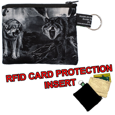 Coin & Card Purse with snarling & barking wolves in a moonlit forest, design on one side and black cotton on the reverse.  With an RFID Insert to block scanners