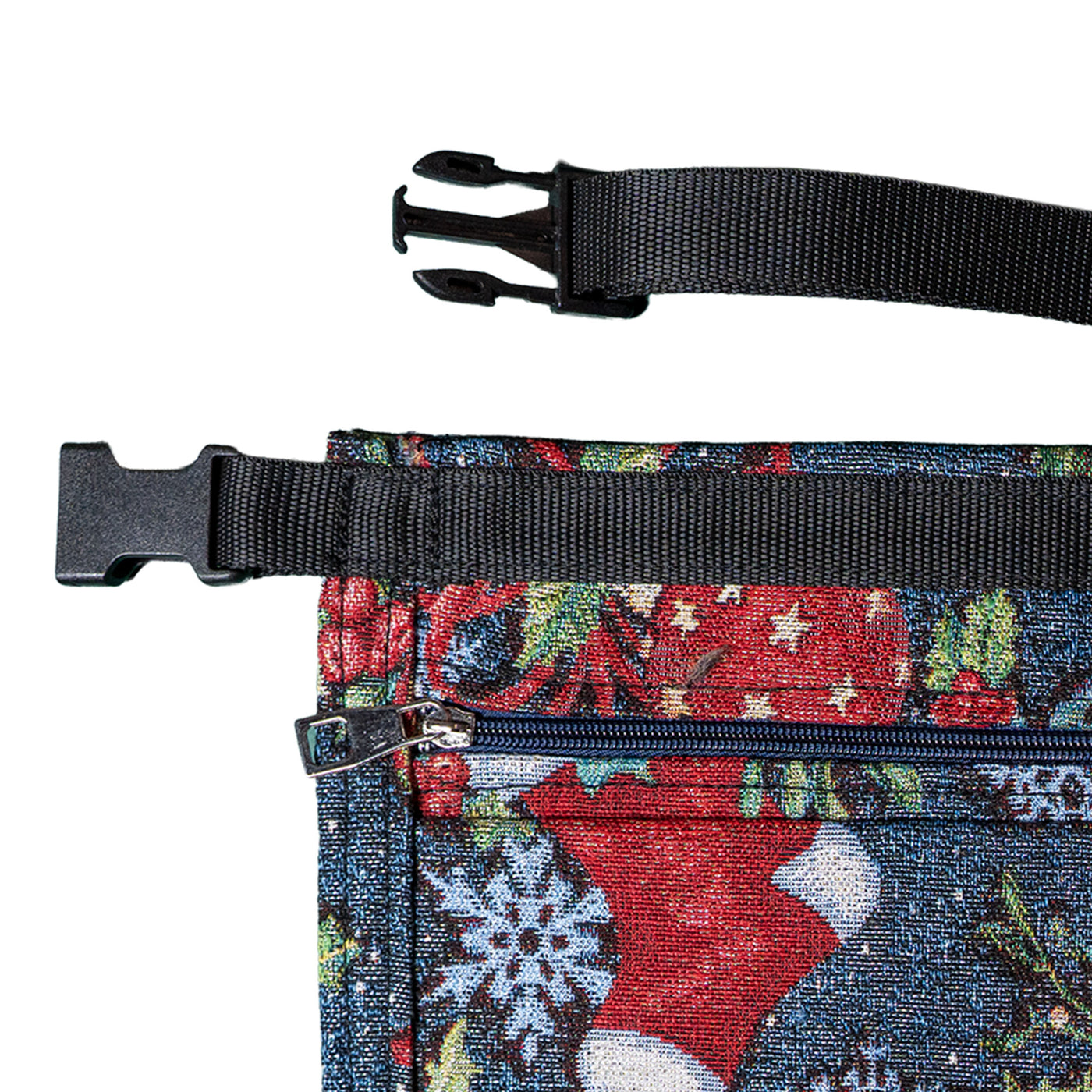 Christmas Market trader pouch, perfect for separating notes & coins.  The 2 pockets at the back of the pouch are zipped to keep the notes safe, whilst the front 2 pockets are to keep coins in.  This pouch is entirely covered in festive items, baubles, snowflakes, stockings & holly.  Fun design guaranteed to get you in the Christmas spirit
