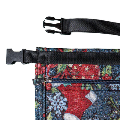 Christmas Market trader pouch, perfect for separating notes & coins.  The 2 pockets at the back of the pouch are zipped to keep the notes safe, whilst the front 2 pockets are to keep coins in.  This pouch is entirely covered in festive items, baubles, snowflakes, stockings & holly.  Fun design guaranteed to get you in the Christmas spirit
