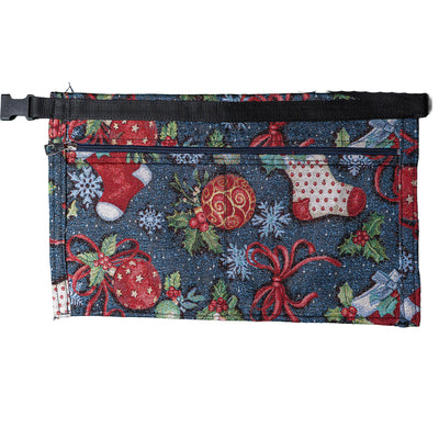 Christmas Market trader pouch, perfect for separating notes & coins.  The 2 pockets at the back of the pouch are zipped to keep the notes safe, whilst the front 2 pockets are to keep coins in.  This pouch is entirely covered in festive items, baubles, snowflakes, stockings & holly.  Fun design guaranteed to get you in the Christmas spirit
