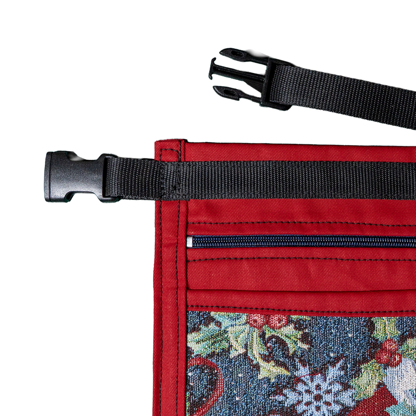 Christmas Market trader pouch, perfect for separating notes & coins.  The 2 pockets at the back of the pouch are zipped to keep the notes safe, whilst the front 2 pockets are to keep coins in.  This red pouch has an insert of our xmas fabric with baubles, snowflakes, stockings & holly.  Fun design guaranteed to get you in the Christmas spirit
