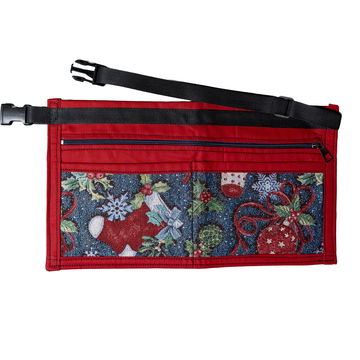 Christmas Market trader pouch, perfect for separating notes & coins.  The 2 pockets at the back of the pouch are zipped to keep the notes safe, whilst the front 2 pockets are to keep coins in.  This red pouch has an insert of our xmas fabric with baubles, snowflakes, stockings & holly.  Fun design guaranteed to get you in the Christmas spirit
