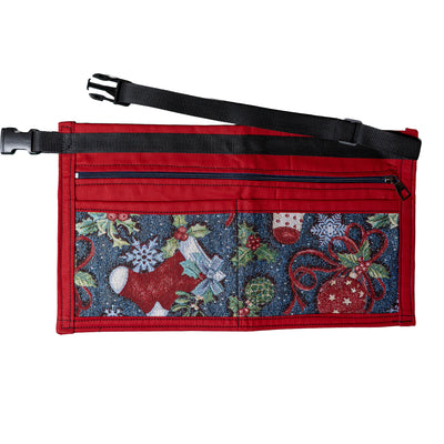 Christmas Market trader pouch, perfect for separating notes & coins.  The 2 pockets at the back of the pouch are zipped to keep the notes safe, whilst the front 2 pockets are to keep coins in.  This red pouch has an insert of our xmas fabric with baubles, snowflakes, stockings & holly.  Fun design guaranteed to get you in the Christmas spirit
