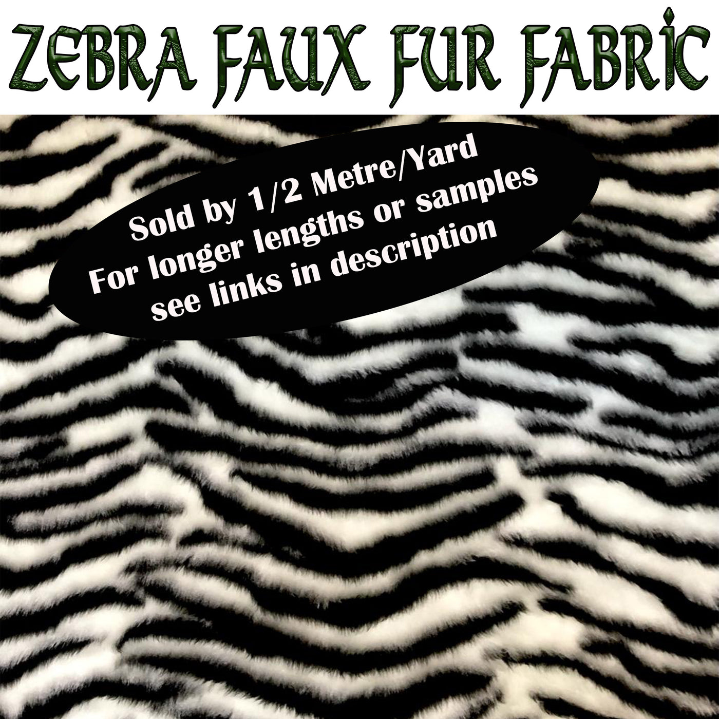 Zebra Faux Fur Fabric - 150cm wide (60") Half Metre/Yard
