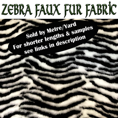 Ultra soft  and fluffy black & white zebra faux fur fabric sold by the metre or yard 150cm wide x 100cm or 91.5cm perfect for making cushions, scarves, apparel, fancy dress up costumes It is also available as a sample or half metres
