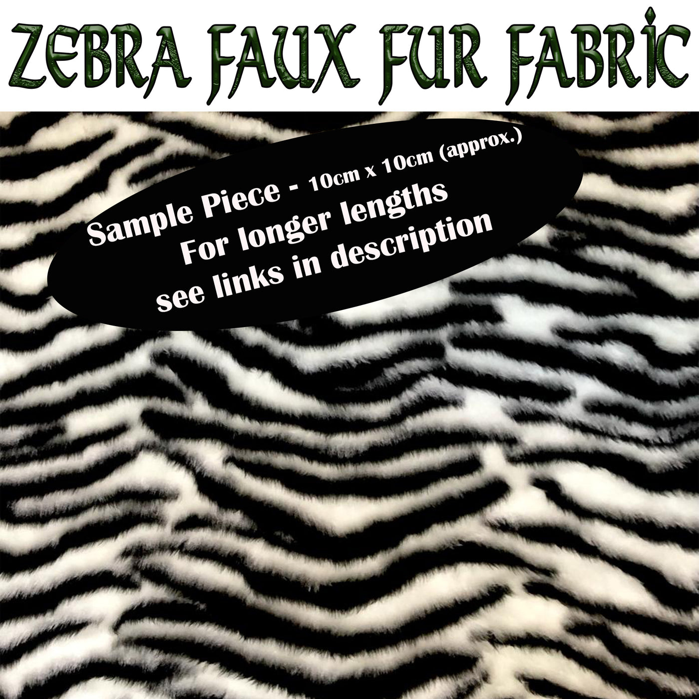 Zebra Faux Fur Fabric - Sample (approx. 10cm x 10cm)