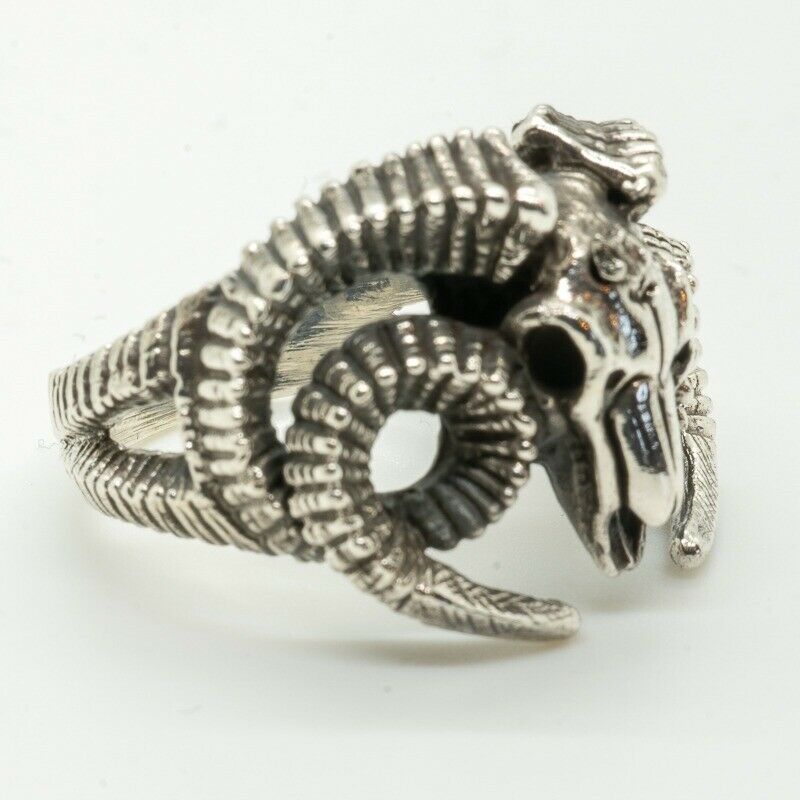 Ram Head Skull Ring .925 silver Zodiac Aries Goat Baphomet Biker Gothic Horns