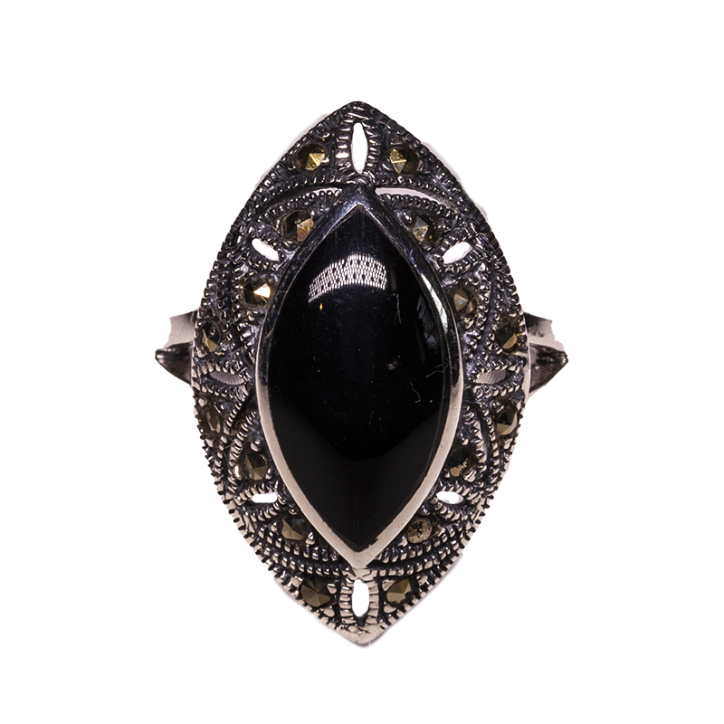 Onyx & Marcasite Style Ring .925 sterling silver