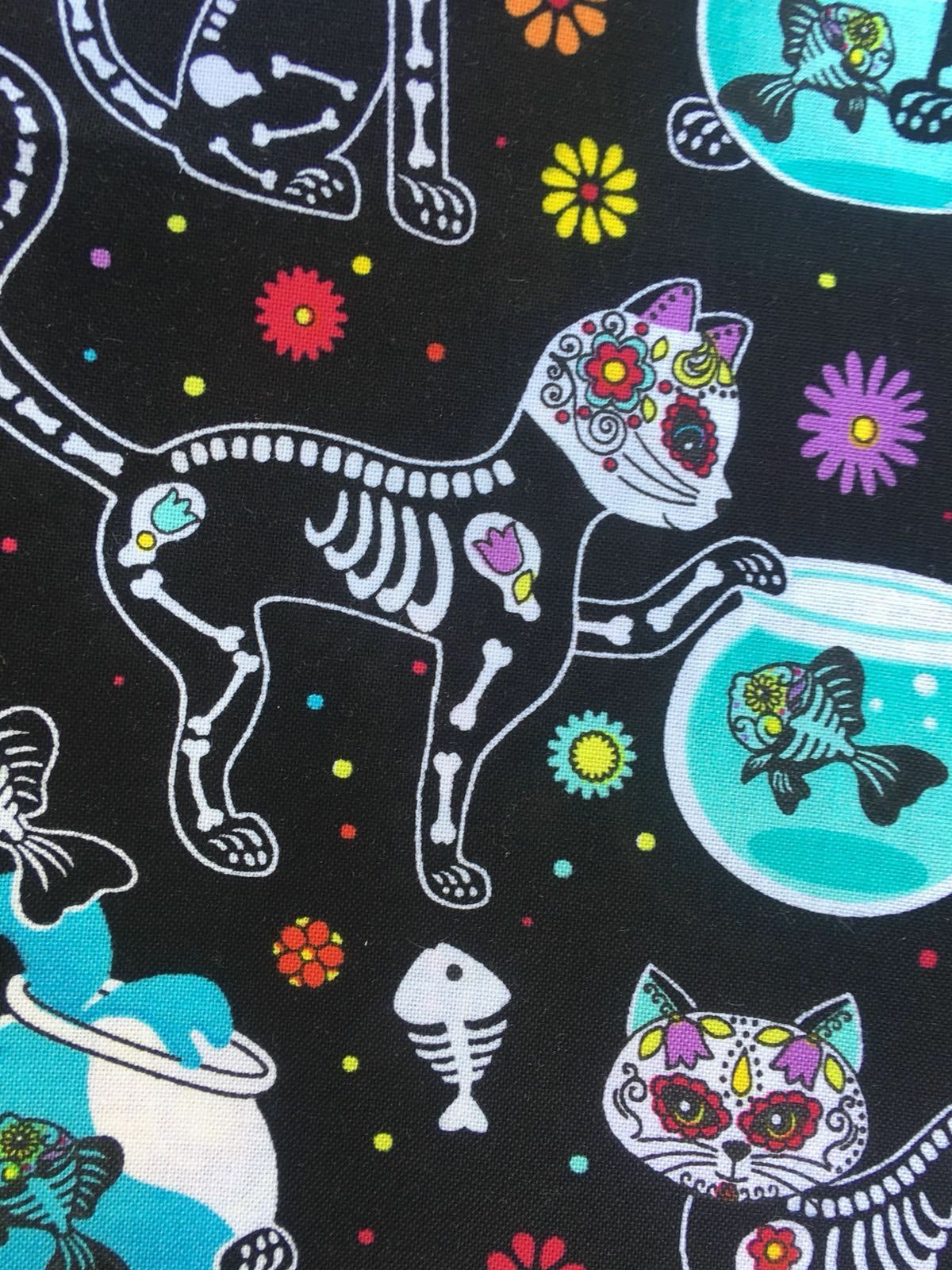 Day of the Dead Skeleton Cats Bandana Head band 100% Cotton Timeless Treasures