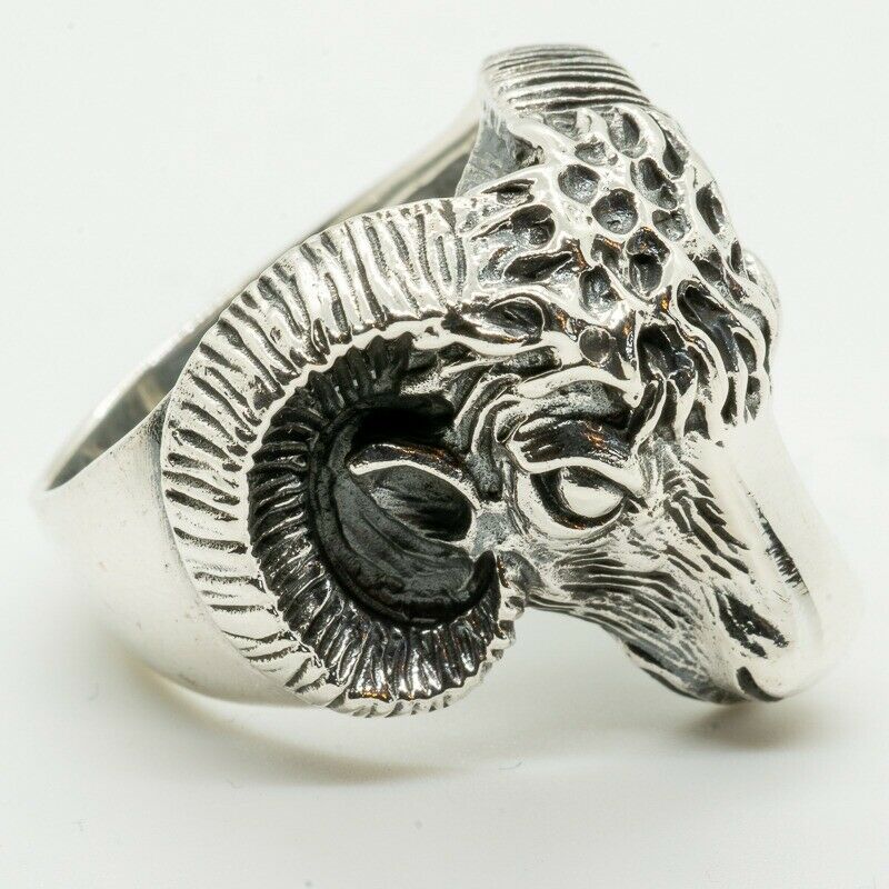 Ram Head Skull Ring .925 silver Zodiac Aries Goat Baphomet Biker Gothic Horns