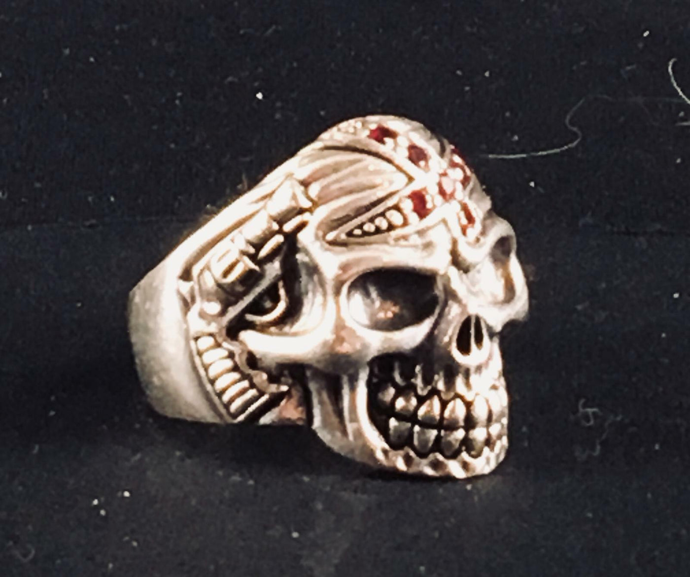Grinning Skull Cubic Cross Ring  - .925 sterling silver - Red Cubic