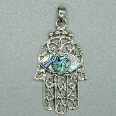 Hamsa Hand Paua Shell Abalone Pendant .925 Silver Fatima Luck Yoga Buddha Eye