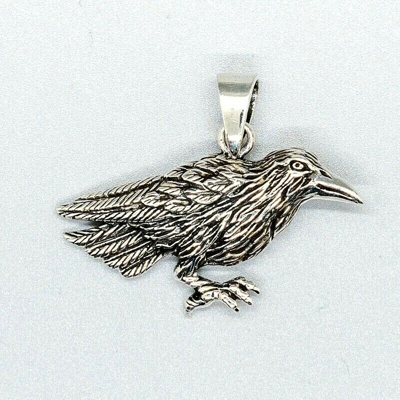 Odin's Raven Crow Bird Pendant 925 Silver Gothic Biker Viking Pagan Wicca Celtic