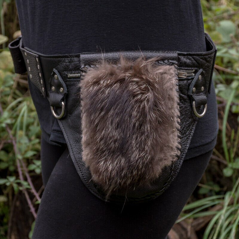 Leather & Vintage Fox Fur Pouch Mobile Phone Utility Belt Biker Festival